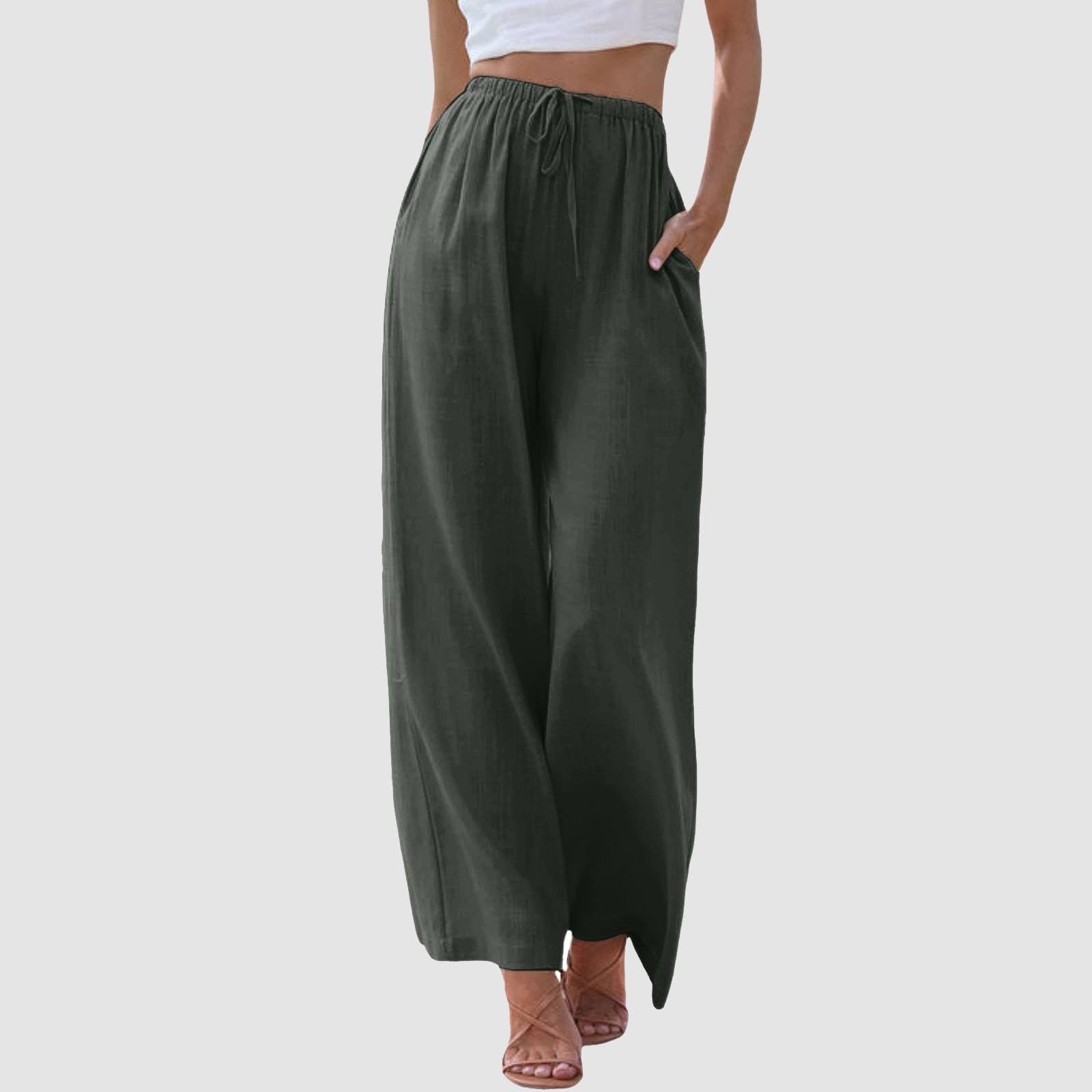 thumbnail image 2 of Pantalones de cintura alta y pierna ancha para mujer - Elástico con cordón, pierna recta cómoda, con bolsillos, 2 of 7